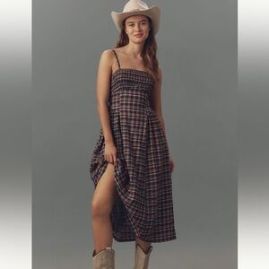 Pilcro Sleeveless Smocked Plaid Midi Dress